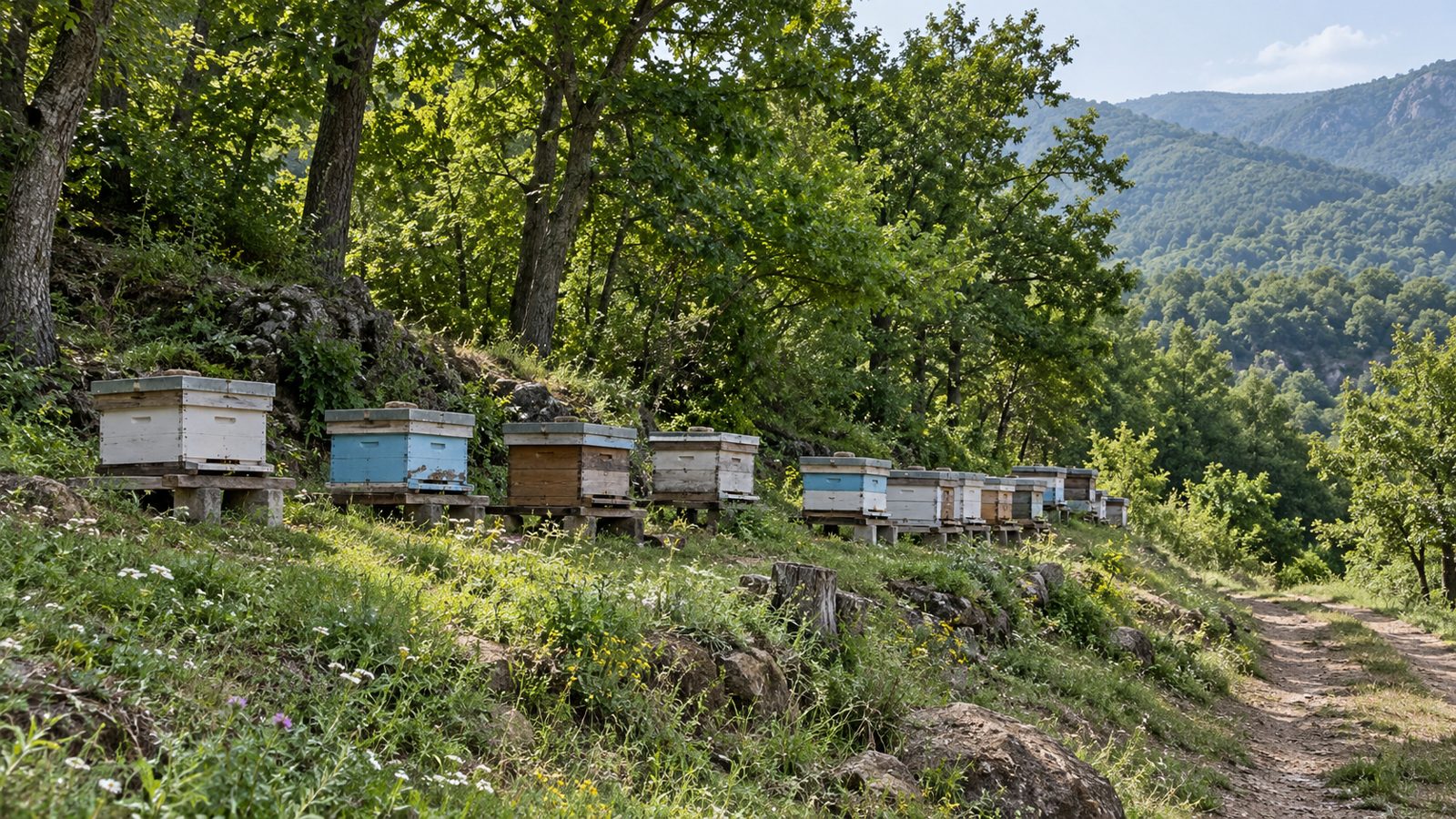 Ormanlık bir yamaçta kestane ağaçları altında sıralanmış kovanlar