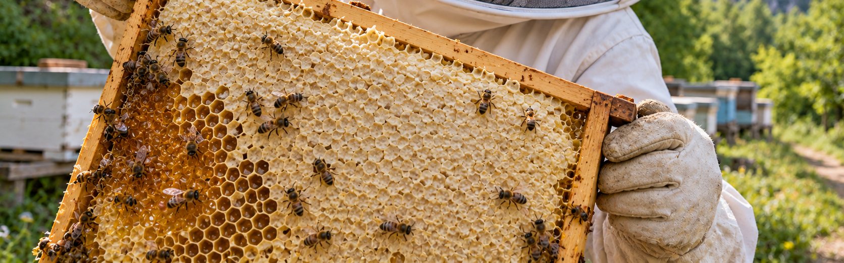 Eldivenli eller arılarla dolu sırlı bir petek çerçevesini tutuyor