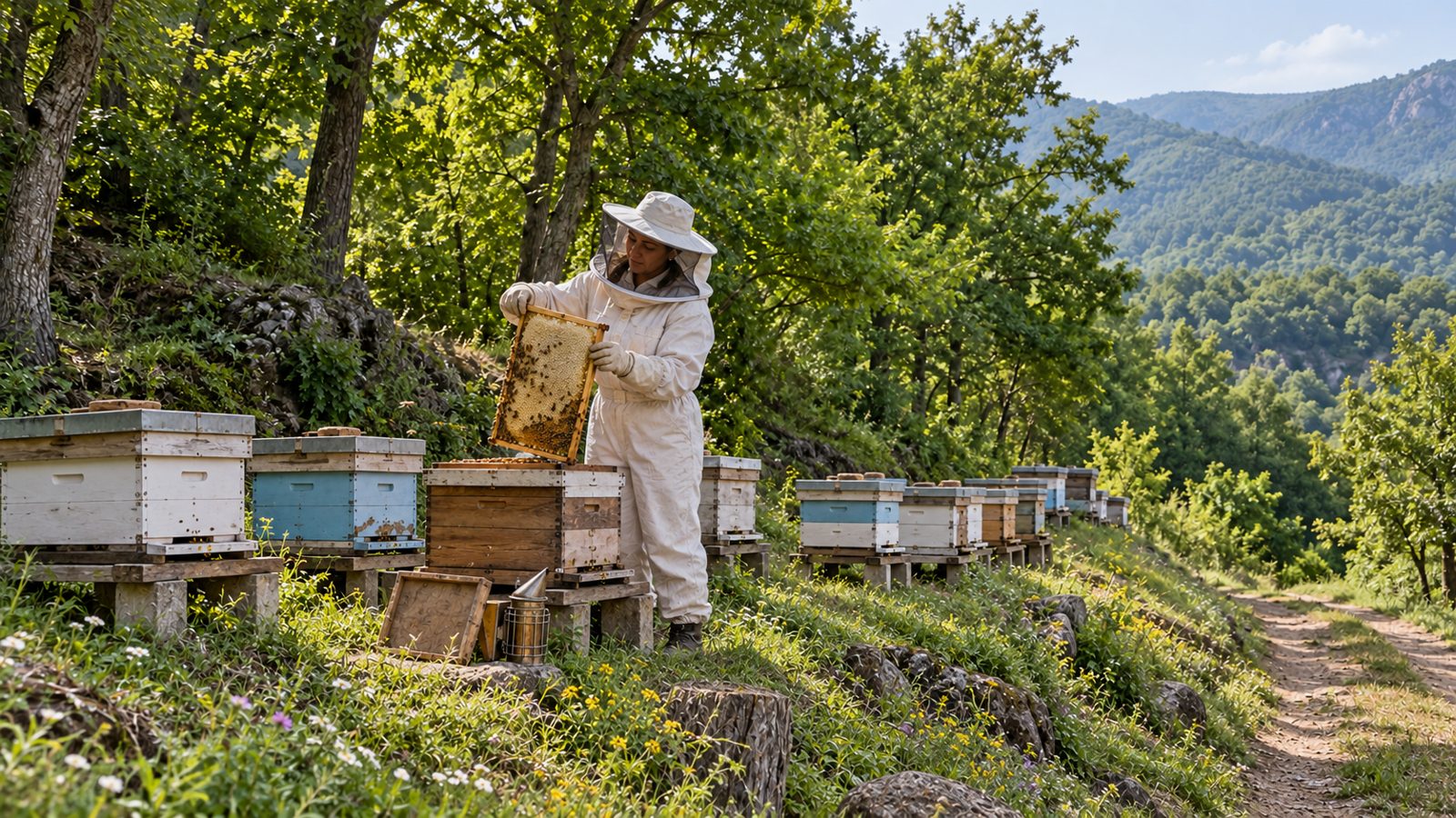 Koruyucu giysili bir arıcı kovandan çerçeve çıkarıyor